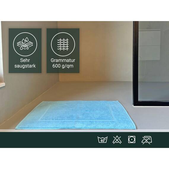 ZOLLNER 2er Set Badematten in 50x70 cm - saugstarke und Flauschige Badvorleger aus Baumwolle - bis 60°C waschbar - für Fußbodenheizung geeignet - in blau - Hotelqualität