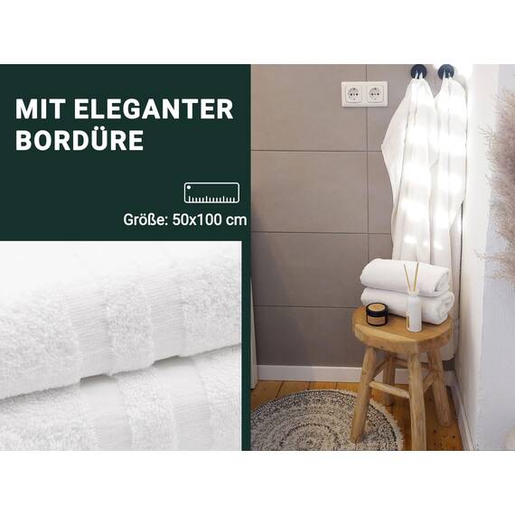 ZOLLNER 4er Set Handtücher in 50x100 cm - Flauschige Badetücher aus Baumwolle - mit moderner Streifenbordüre - waschbar bis 95°C - mit praktischem Aufhänger - in weiß - Hotelqualität