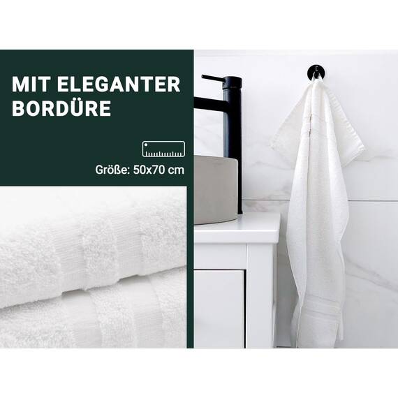ZOLLNER 6er Set Handtücher in 50x70 cm - Flauschige Badetücher aus Baumwolle - mit moderner Streifenbordüre - waschbar bis 95°C - mit praktischem Aufhänger - in weiß - Hotelqualität