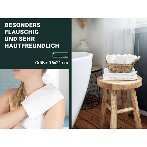 ZOLLNER 10er Set Waschhandschuhe in 16x21 cm - saugstarke und Flauschige Waschlappen aus Baumwolle - waschbar bis 95°C - mit praktischem Aufhänger - in weiß - Hotelqualität
