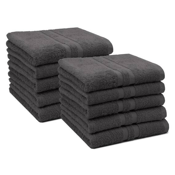 ZOLLNER 10er Set Handtücher in 50x100 cm - Flauschige Duschtücher aus Baumwolle - mit moderner Streifenbordüre - bis 60°C waschbar - mit praktischem Aufhänger - in Graphit - Hotelqualität