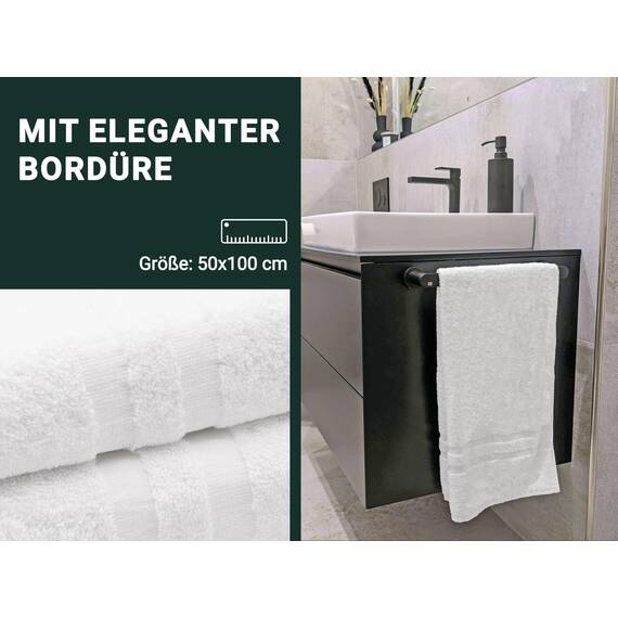 ZOLLNER 6er Set Handtücher in 50x100 cm - Flauschige Duschtücher aus Baumwolle - mit moderner Streifenbordüre - waschbar bis 95°C - mit praktischem Aufhänger - in weiß - Hotelqualität