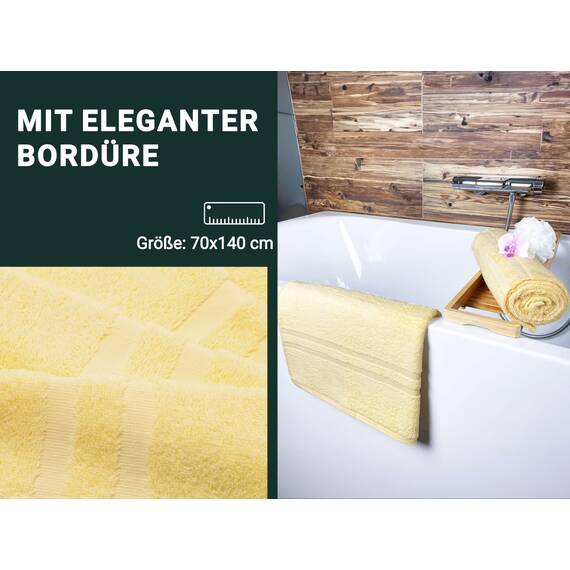 ZOLLNER 5er Set Duschtücher in 70x140 cm - Flauschige Badehandtücher aus Baumwolle - mit moderner Streifenbordüre - bis 60°C waschbar - mit praktischem Aufhänger - in gelb - Hotelqualität