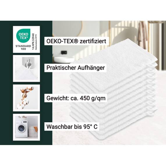 ZOLLNER 10er Set Waschhandschuhe in 16x21 cm - saugstarke und Flauschige Waschlappen aus Baumwolle - waschbar bis 95°C - mit praktischem Aufhänger - in weiß - Hotelqualität
