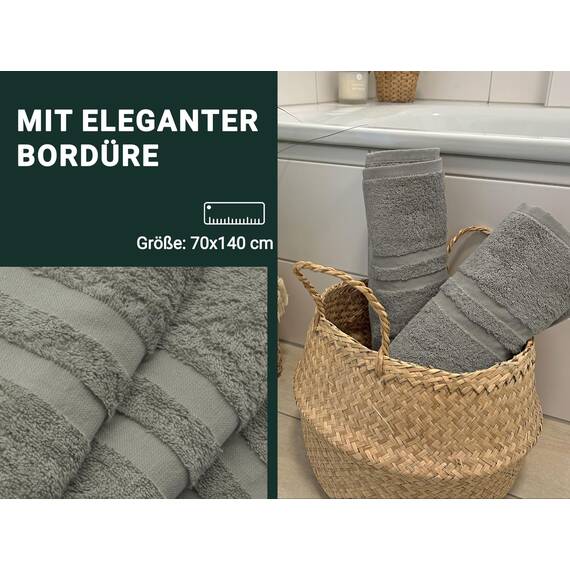 ZOLLNER 5er Set Duschtücher in 70x140 cm - Flauschige Badehandtücher aus Baumwolle - mit moderner Streifenbordüre - bis 60°C waschbar - mit praktischem Aufhänger - in Taupe - Hotelqualität