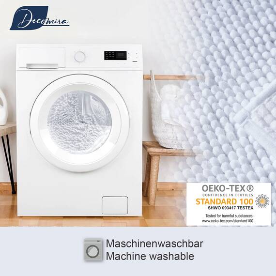Decomira Badematte rutschfest | Als Badteppich Set kombinierbar | Badezimmer-Teppich Bad-Vorleger waschbar aus Chenille | Duschvorleger für Dusche, Badewannen, WC Deko | Weiss - 50x80 cm (2stk)