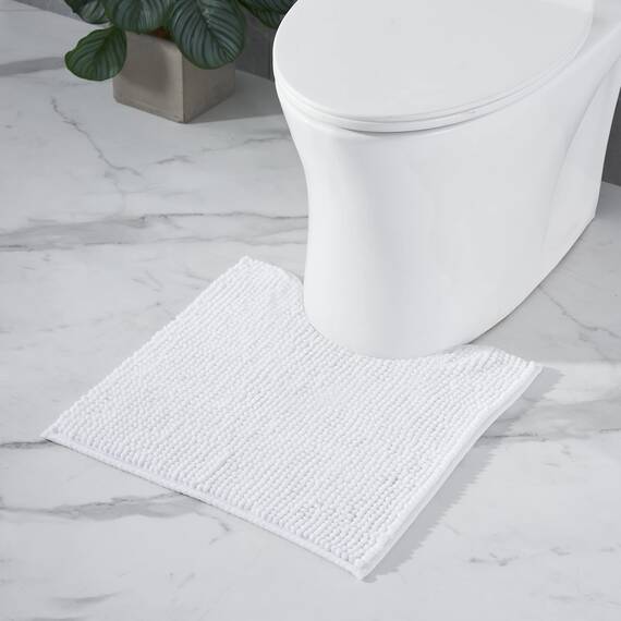 Decomira Badematte rutschfest WC Vorleger mit Ausschnitt | Als Badteppich Set kombinierbar | Badezimmer-Teppich Bad-Vorleger waschbar aus Chenille | Für freistehende Toiletten | Weiss - 45x45 cm