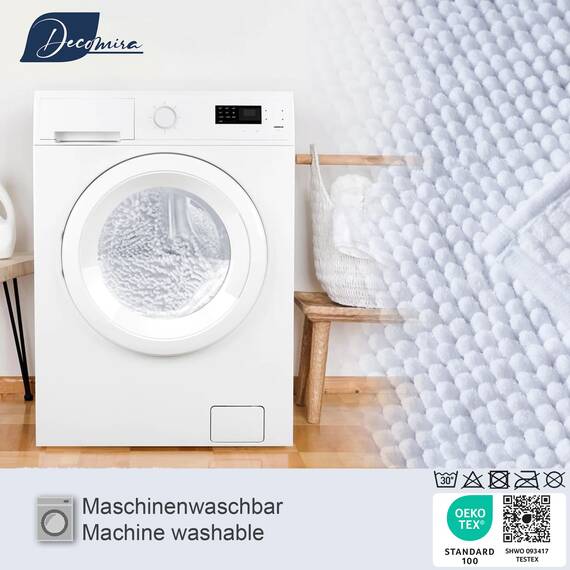 Decomira Badematte rutschfest | Als Badteppich Set kombinierbar | Badezimmer-Teppich Bad-Vorleger waschbar aus Chenille | Duschvorleger für Dusche, Badewannen, WC Deko | Weiss - 50x150 cm