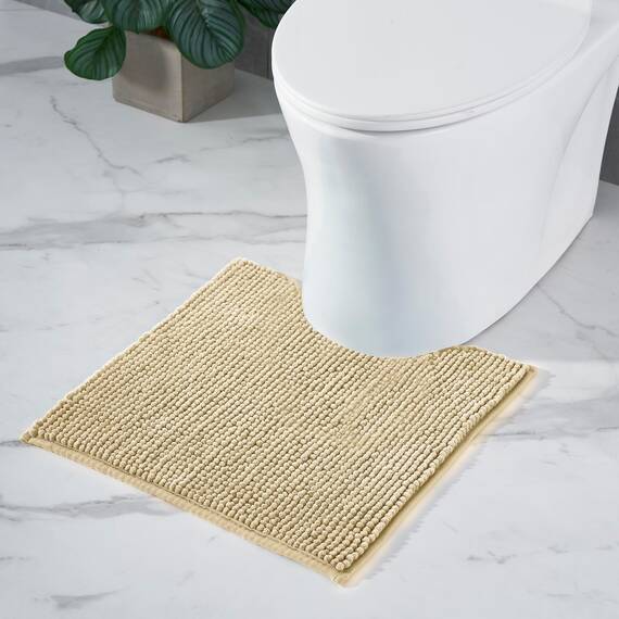 Decomira Badematte rutschfest WC Vorleger mit Ausschnitt | Als Badteppich Set kombinierbar | Badezimmer-Teppich Bad-Vorleger waschbar aus Chenille | Für freistehende Toiletten | Beige - 45x45 cm