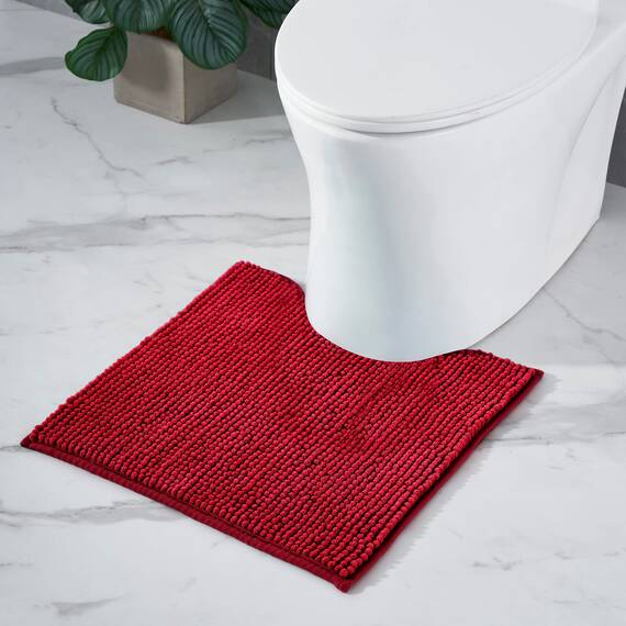 Decomira Badematte rutschfest WC Vorleger mit Ausschnitt | Als Badteppich Set kombinierbar | Badezimmer-Teppich Bad-Vorleger waschbar aus Chenille | Für freistehende Toiletten | Rot - 45x45 cm