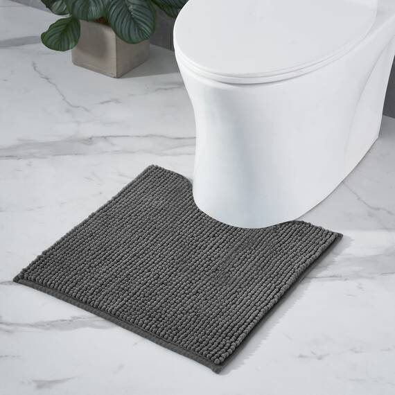 Decomira Badematte rutschfest WC Vorleger mit Ausschnitt | Als Badteppich Set kombinierbar | Badezimmer-Teppich Bad-Vorleger waschbar aus Chenille | Für freistehende Toiletten | Dunkelgrau - 45x45 cm