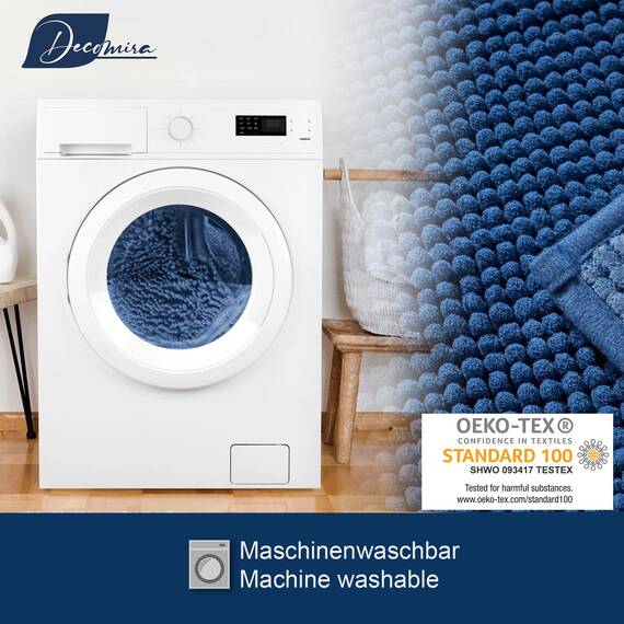 Decomira Badematte rutschfest | Als Badteppich Set kombinierbar | Badezimmer-Teppich Bad-Vorleger waschbar aus Chenille | Duschvorleger für Dusche, Badewannen, WC Deko | Blau - 50x80 cm (2stk)