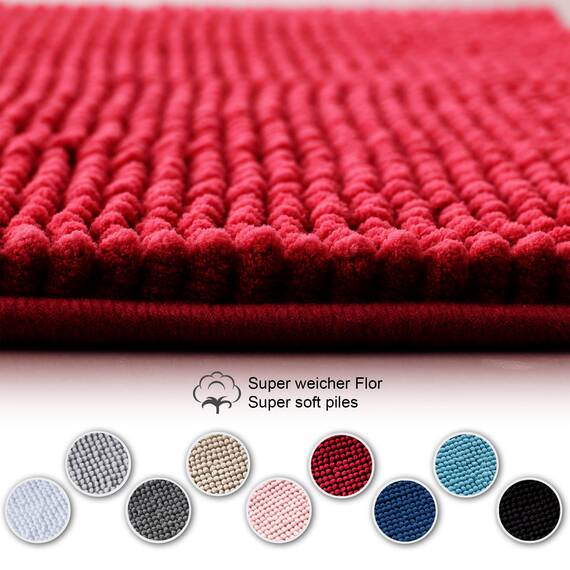 Decomira Badematte rutschfest WC Vorleger mit Ausschnitt | Als Badteppich Set kombinierbar | Badezimmer-Teppich Bad-Vorleger waschbar aus Chenille | Für freistehende Toiletten | Rot - 45x45 cm