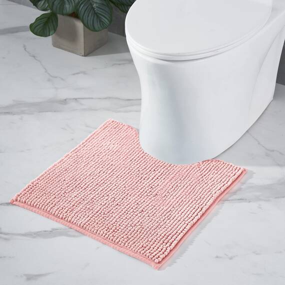 Decomira Badematte rutschfest WC Vorleger mit Ausschnitt | Als Badteppich Set kombinierbar | Badezimmer-Teppich Bad-Vorleger waschbar aus Chenille | Für freistehende Toiletten | Rosa - 45x45 cm