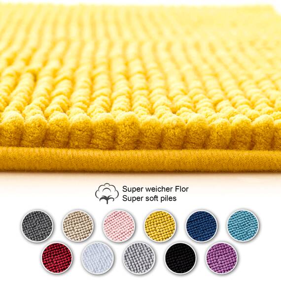Decomira Badematte rutschfest | Als Badteppich Set kombinierbar | Badezimmer-Teppich Bad-Vorleger waschbar aus Chenille | Duschvorleger für Dusche, Badewannen, WC Deko | Gelb - 50x150 cm