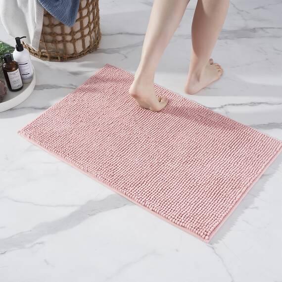Decomira Badematte rutschfest | Als Badteppich Set kombinierbar | Badezimmer-Teppich Bad-Vorleger waschbar aus Chenille | Duschvorleger für Dusche, Badewannen, WC Deko | Rosa - 50x80 cm
