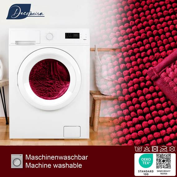 Decomira Badematte rutschfest WC Vorleger mit Ausschnitt | Als Badteppich Set kombinierbar | Badezimmer-Teppich Bad-Vorleger waschbar aus Chenille | Für freistehende Toiletten | Rot - 45x45 cm
