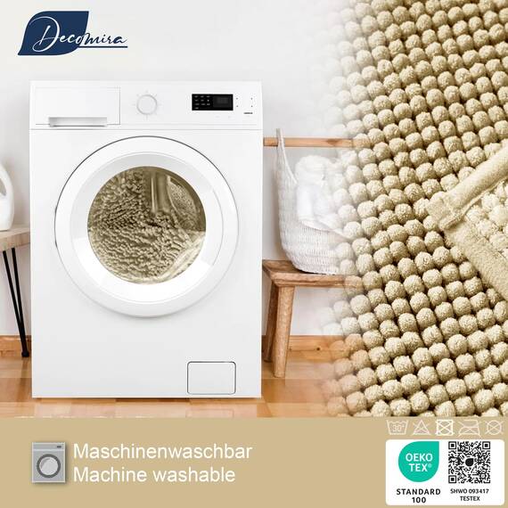 Decomira Badematte rutschfest | Als Badteppich Set kombinierbar | Badezimmer-Teppich Bad-Vorleger waschbar aus Chenille | Duschvorleger für Dusche, Badewannen, WC Deko | Beige - 50x150 cm