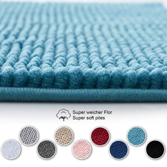 Decomira Badematte rutschfest | Als Badteppich Set kombinierbar | Badezimmer-Teppich Bad-Vorleger waschbar aus Chenille | Duschvorleger für Dusche, Badewannen, WC Deko | Türkis - 50x80 cm (2stk)