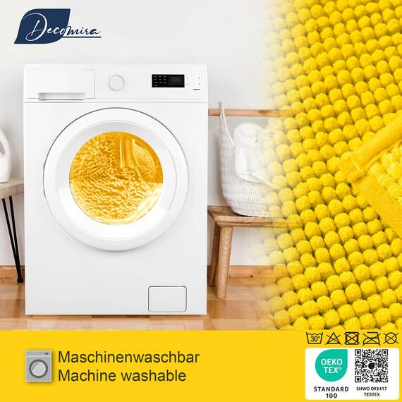 Decomira Badematte rutschfest | Als Badteppich Set kombinierbar | Badezimmer-Teppich Bad-Vorleger waschbar aus Chenille | Duschvorleger für Dusche, Badewannen, WC Deko | Gelb - 50x150 cm