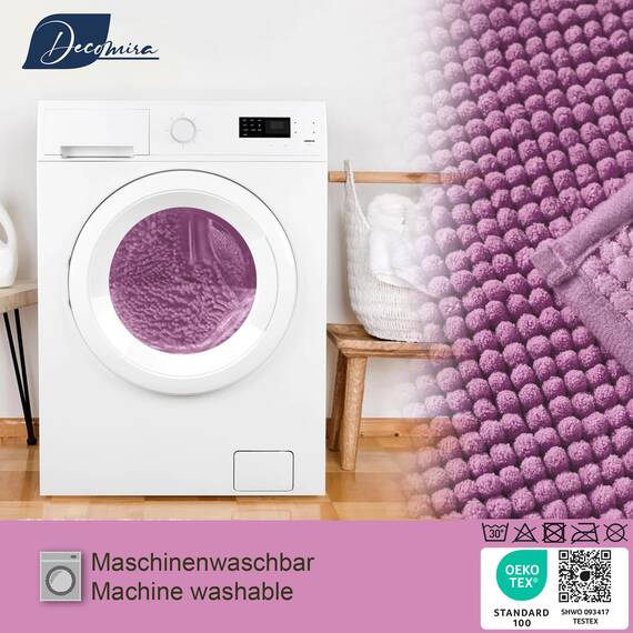Decomira Badematte rutschfest | Als Badteppich Set kombinierbar | Badezimmer-Teppich Bad-Vorleger waschbar aus Chenille | Duschvorleger für Dusche, Badewannen, WC Vorleger | Lila - 45x45 cm