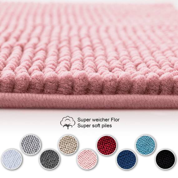 Decomira Badematte rutschfest | Als Badteppich Set kombinierbar | Badezimmer-Teppich Bad-Vorleger waschbar aus Chenille | Duschvorleger für Dusche, Badewannen, WC Deko | Rosa - 50x150 cm