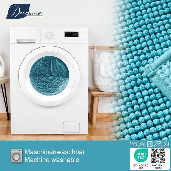 Decomira Badematte rutschfest | Als Badteppich Set kombinierbar | Badezimmer-Teppich Bad-Vorleger waschbar aus Chenille | Duschvorleger für Dusche, Badewannen, WC Deko | Petrol Türkis - 70x120 cm