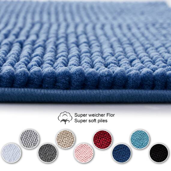 Decomira Badematte rutschfest | Als Badteppich Set kombinierbar | Badezimmer-Teppich Bad-Vorleger waschbar aus Chenille | Duschvorleger für Dusche, Badewannen, WC Deko | Blau - 50x80 cm (2stk)