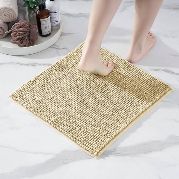 Decomira Badematte rutschfest | Als Badteppich Set kombinierbar | Badezimmer-Teppich Bad-Vorleger waschbar aus Chenille | Duschvorleger für Dusche, Badewannen, WC Vorleger | Beige - 45x45 cm