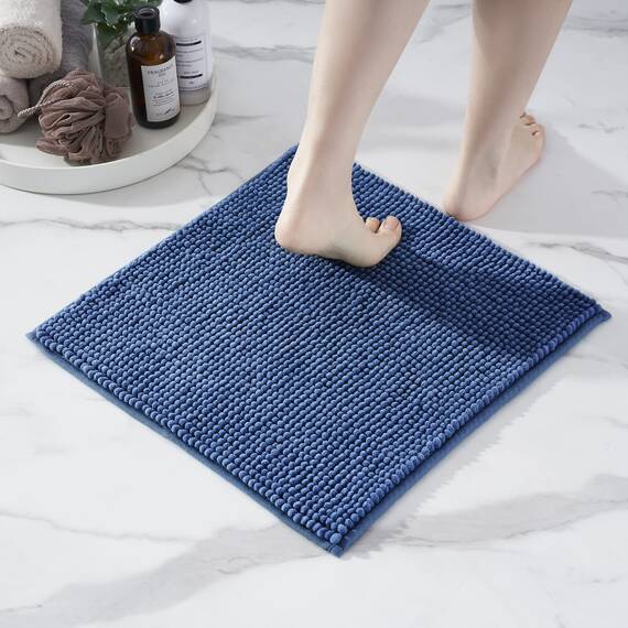 Decomira Badematte rutschfest | Als Badteppich Set kombinierbar | Badezimmer-Teppich Bad-Vorleger waschbar aus Chenille | Duschvorleger für Dusche, Badewannen, WC Vorleger | Blau - 45x45 cm