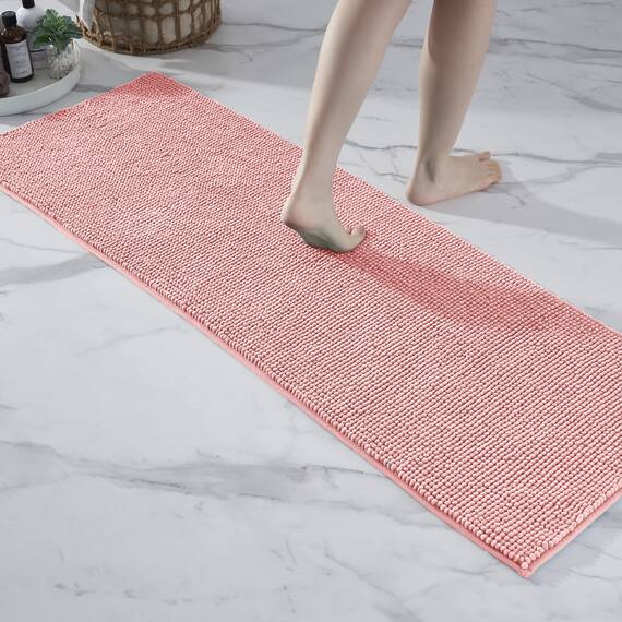 Decomira Badematte rutschfest | Als Badteppich Set kombinierbar | Badezimmer-Teppich Bad-Vorleger waschbar aus Chenille | Duschvorleger für Dusche, Badewannen, WC Deko | Rosa - 50x150 cm