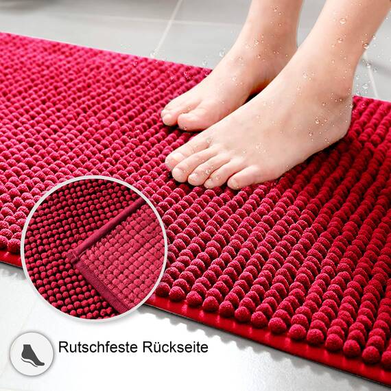 Decomira Badematte rutschfest | Als Badteppich Set kombinierbar | Badezimmer-Teppich Bad-Vorleger waschbar aus Chenille | Duschvorleger für Dusche, Badewannen, WC Deko | Rot - 50x150 cm