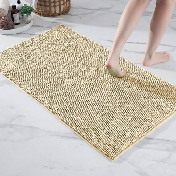 Decomira Badematte rutschfest | Als Badteppich Set kombinierbar | Badezimmer-Teppich Bad-Vorleger waschbar aus Chenille | Duschvorleger für Dusche, Badewannen, WC Deko | Beige - 70x120 cm