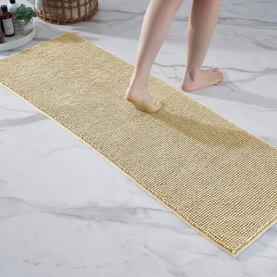 Decomira Badematte rutschfest | Als Badteppich Set kombinierbar | Badezimmer-Teppich Bad-Vorleger waschbar aus Chenille | Duschvorleger für Dusche, Badewannen, WC Deko | Beige - 50x150 cm
