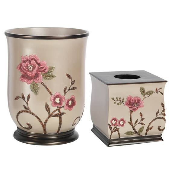 Zahari Home Larrisa Badezimmer-Dekor-Set mit Blumenmuster, Abfallkorb und Taschentuchbox, modern, klassisch, zeitgenössisch, stilvoll, Badzubehör-Set, 2-teilig