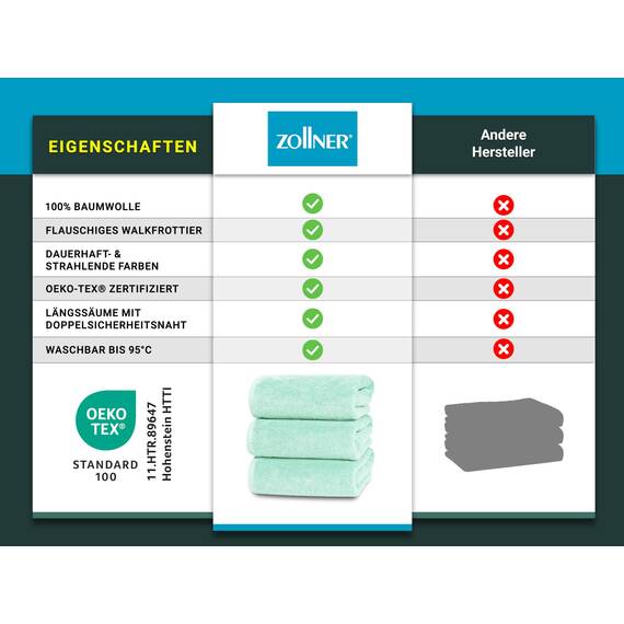 ZOLLNER 3er Set Duschtücher in 70x140 cm - besonders weiche und saugstarke Handtücher in Mint - mit praktischem Aufhänger - waschbar bis 95°C - Baumwolle - Hotelqualität