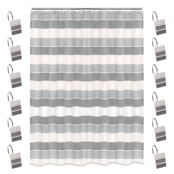 Zahari Home 13-teiliges Duschvorhang-Set mit modernem Design, grauer Duschvorhang und 12 Duschvorhanghaken, luxuriös, zeitgenössisch, modernes Duschvorhänge, Grau, stilvolles Duschvorhang-Set