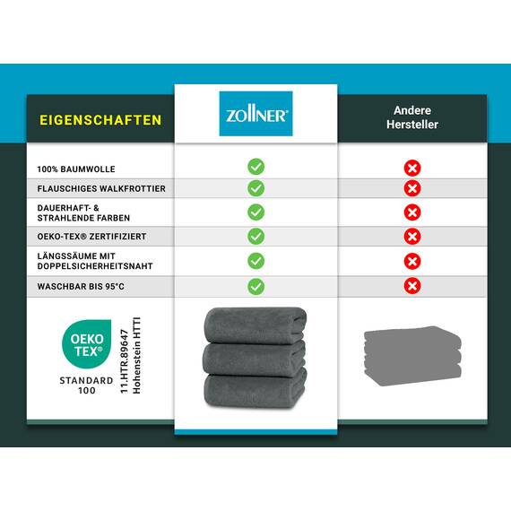ZOLLNER 3er Set Duschtücher in 70x140 cm - besonders weiche und saugstarke Handtücher in dunkelgrau - mit praktischem Aufhänger - waschbar bis 95°C - Baumwolle - Hotelqualität