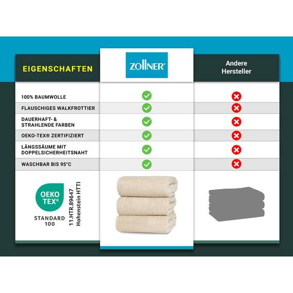 ZOLLNER 3er Set Duschtücher in 70x140 cm - besonders weiche und saugstarke Handtücher in beige - mit praktischem Aufhänger - waschbar bis 95°C - Baumwolle - Hotelqualität