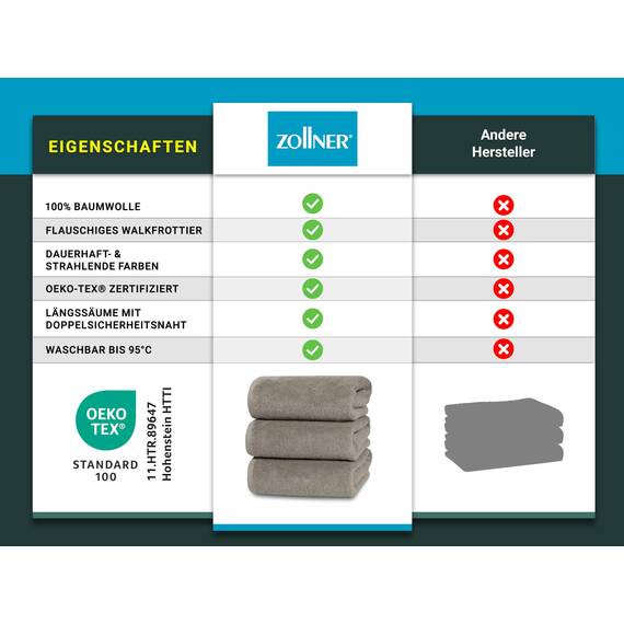ZOLLNER 3er Set Duschtücher in 70x140 cm - besonders weiche und saugstarke Handtücher in braun - mit praktischem Aufhänger - waschbar bis 95°C - Baumwolle - Hotelqualität
