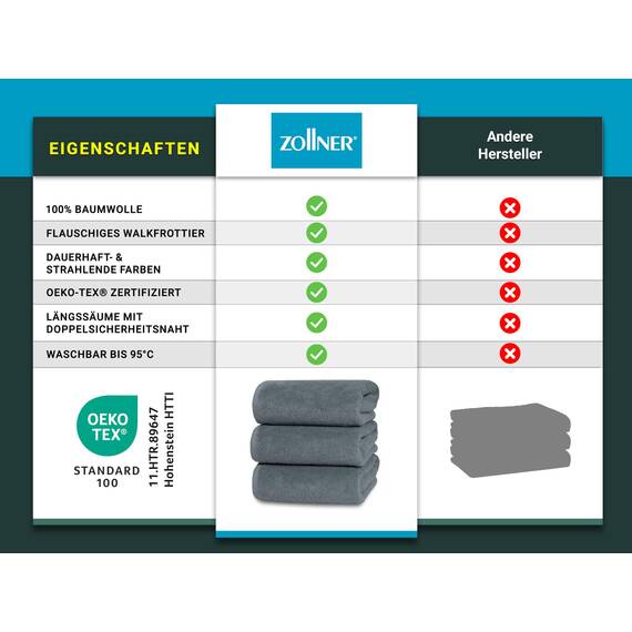 ZOLLNER 3er Set Duschtücher in 70x140 cm - besonders weiche und saugstarke Handtücher in grau - mit praktischem Aufhänger - waschbar bis 95°C - Baumwolle - Hotelqualität