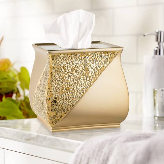 Zahari Home Sinatra Modernes Badzubehör-Set, Abfallkorb und Taschentuchbox, Champagner-Gold, moderne dekorative schöne Designs, Badezimmer-Dekor-Set für Zuhause, luxuriöses Bad-Set, Mosaikglas