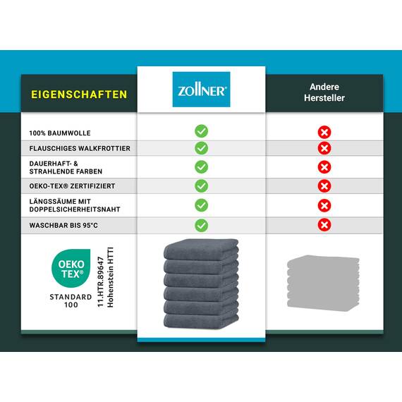 ZOLLNER 6er Set Handtücher in 50x100 cm - besonders weiche und saugstarke Gästehandtücher in grau - mit praktischem Aufhänger - waschbar bis 95°C - Baumwolle - Hotelqualität