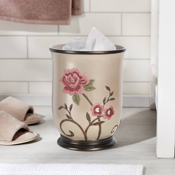 Zahari Home Larrisa Badezimmer-Dekor-Set mit Blumenmuster, Abfallkorb und Taschentuchbox, modern, klassisch, zeitgenössisch, stilvoll, Badzubehör-Set, 2-teilig