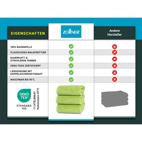 ZOLLNER 3er Set Duschtücher in 70x140 cm - besonders weiche und saugstarke Handtücher in grün - mit praktischem Aufhänger - waschbar bis 95°C - Baumwolle - Hotelqualität