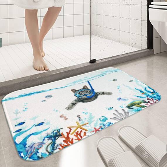 Fowocu Lustige Katze, kleine Badezimmerteppiche, Matte, Ozean, Meerestier, Badteppiche, wasserabsorbierend, rutschfest, Duschmatte, niedliche Badematten für Badezimmerdekoration (blau, 61x40 cm)