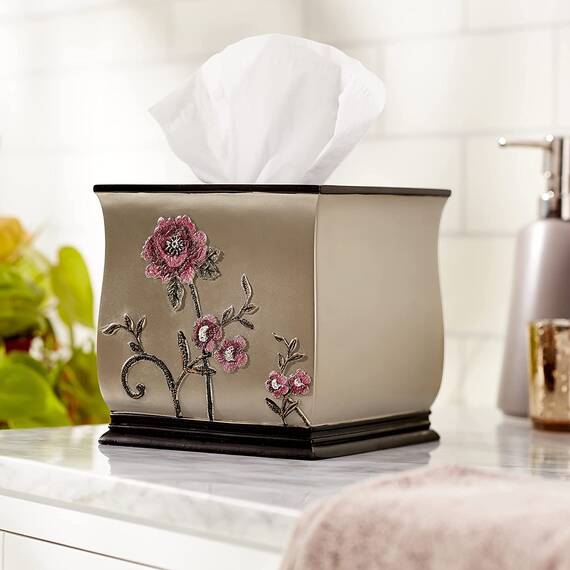 Zahari Home Larrisa Badezimmer-Dekor-Set mit Blumenmuster, Abfallkorb und Taschentuchbox, modern, klassisch, zeitgenössisch, stilvoll, Badzubehör-Set, 2-teilig
