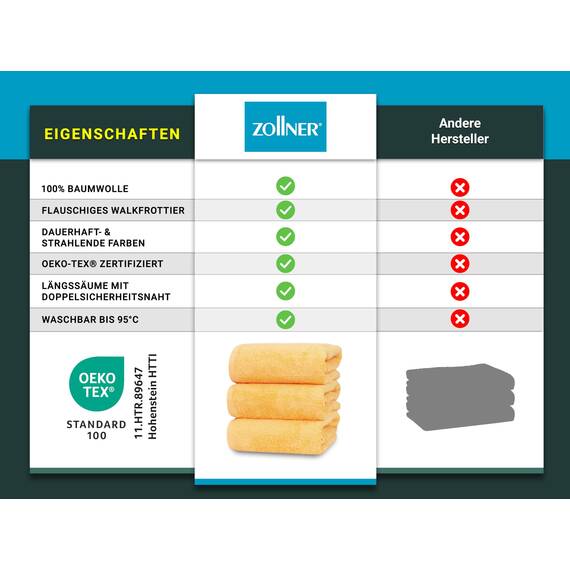 ZOLLNER 3er Set Duschtücher in 70x140 cm - besonders weiche und saugstarke Handtücher in gelb - mit praktischem Aufhänger - waschbar bis 95°C - Baumwolle - Hotelqualität
