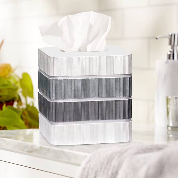 Zahari Home 2-teiliges modernes Badezimmer-Zubehör-Set, Abfallkorb und quadratische Taschentuchbox, Abdeckung, klassisch, zeitgenössisch, graues Badezimmer-Dekor-Set für Zuhause, modernes Bad-Set