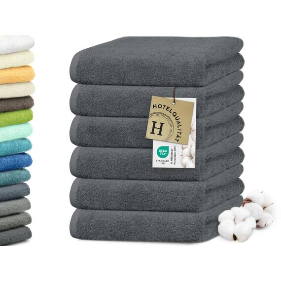 ZOLLNER 6er Set Handtücher in 50x100 cm - besonders weiche und saugstarke Gästehandtücher in dunkelgrau - mit praktischem Aufhänger - waschbar bis 95°C - Baumwolle - Hotelqualität